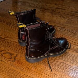 Dr. Martens Burgundy Leather Boots with Yellow Tag